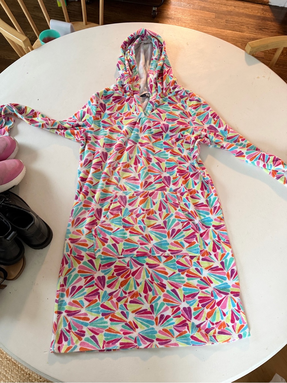 Lands' End Girls' Hooded Dress in Pink, Teal & Yellow Petal Print